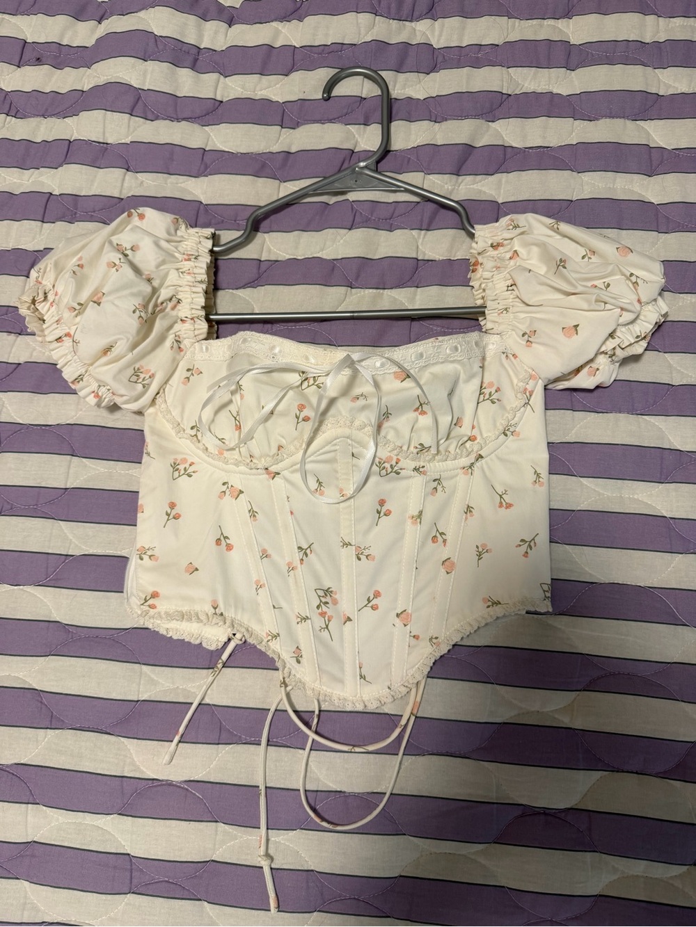 Babyboo Ivory Pink Floral Corset Puff Sleeve Top XS